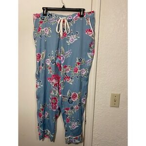 Josie Natori Women XL Pajama Pants Blue Floral Drawstring Piped Sleep Bottoms
